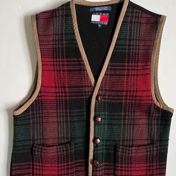 Men's Vintage 90s Tommy Hilfiger Holiday Plaid Sweater Vest Sz S/P Hong Kong - Picture 1 of 5